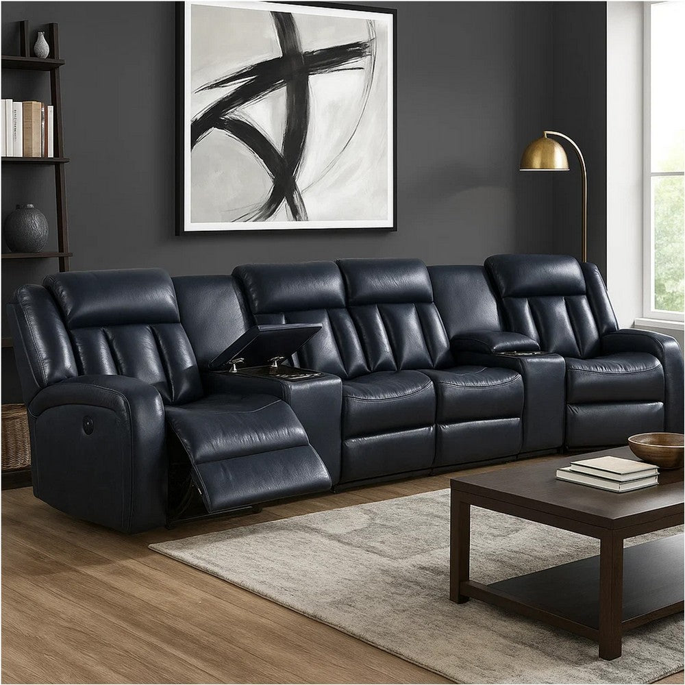 Max 5 Piece Manual Recliner Sectional Set, Vegan Faux Leather, Navy Blue