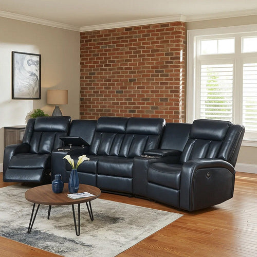 Max 5 Piece Manual Recliner Sectional Set, Vegan Faux Leather, Navy Blue