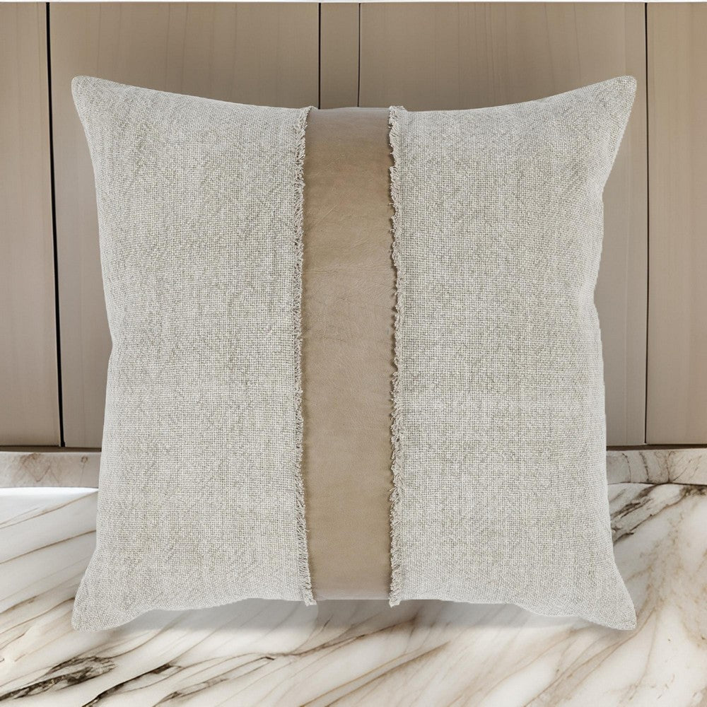 Modern Throw Pillow | 26 x 26 | Pieced Cotton Leather | Frayed | Gray