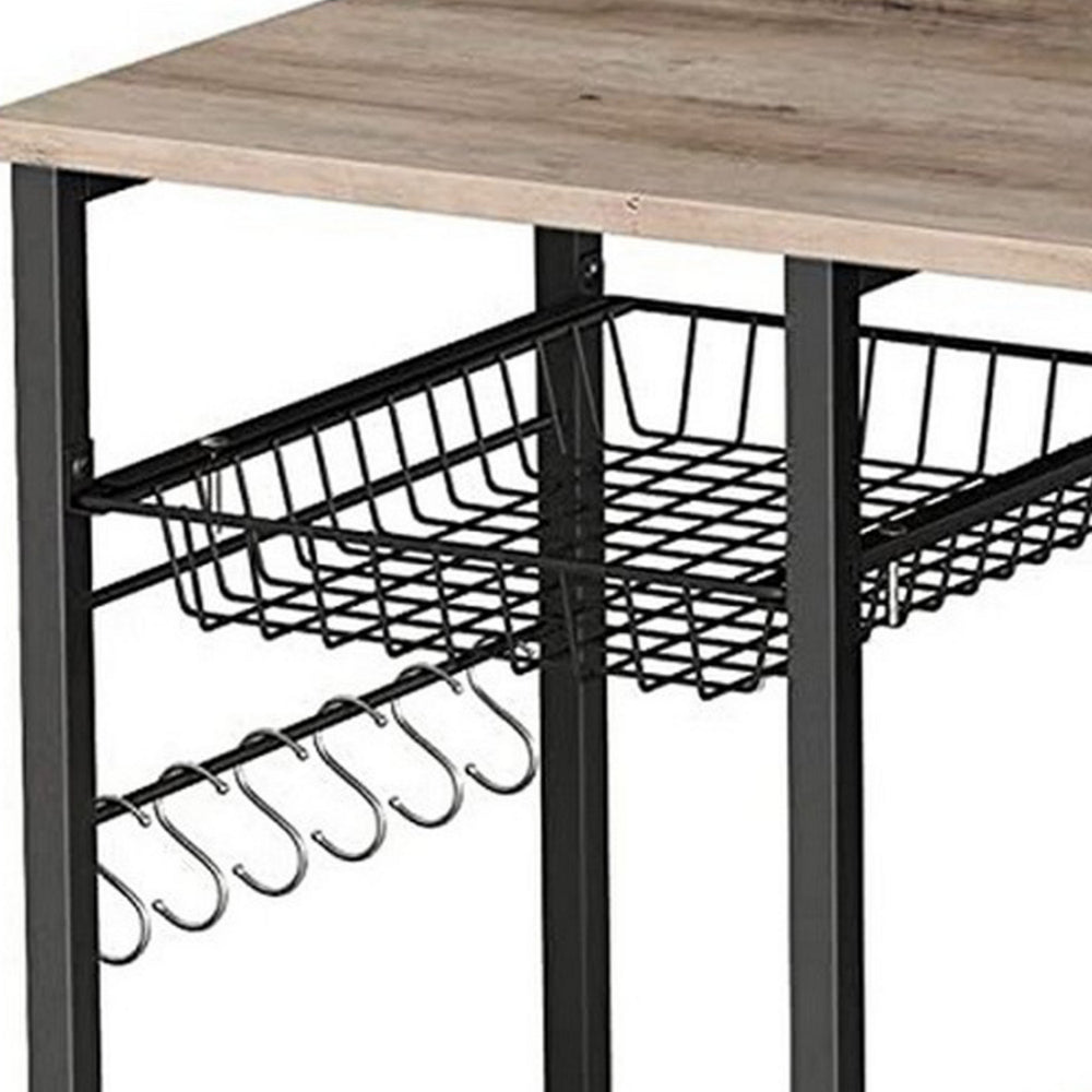 52 Inch Wood Bakers Rack Kitchen Shelf 6 Hooks Workstation Brown Black By Casagear Home BM284576