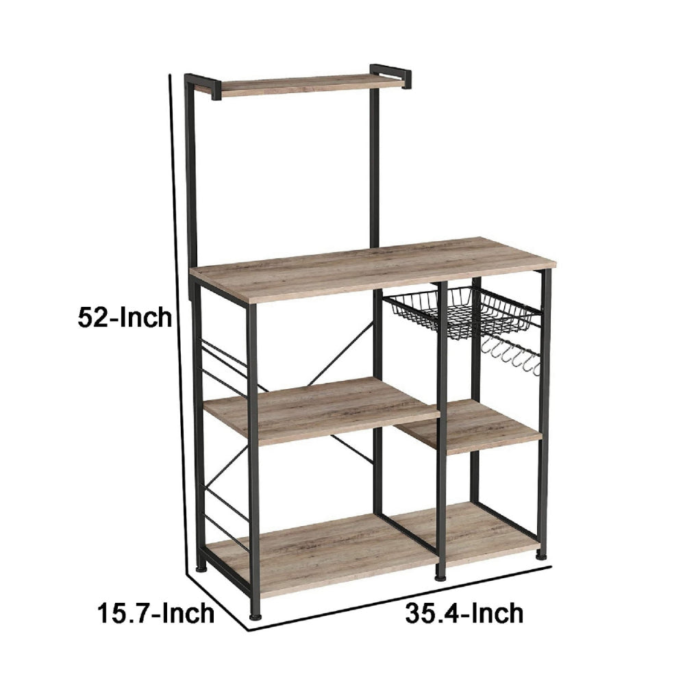 52 Inch Wood Bakers Rack Kitchen Shelf 6 Hooks Workstation Brown Black By Casagear Home BM284576