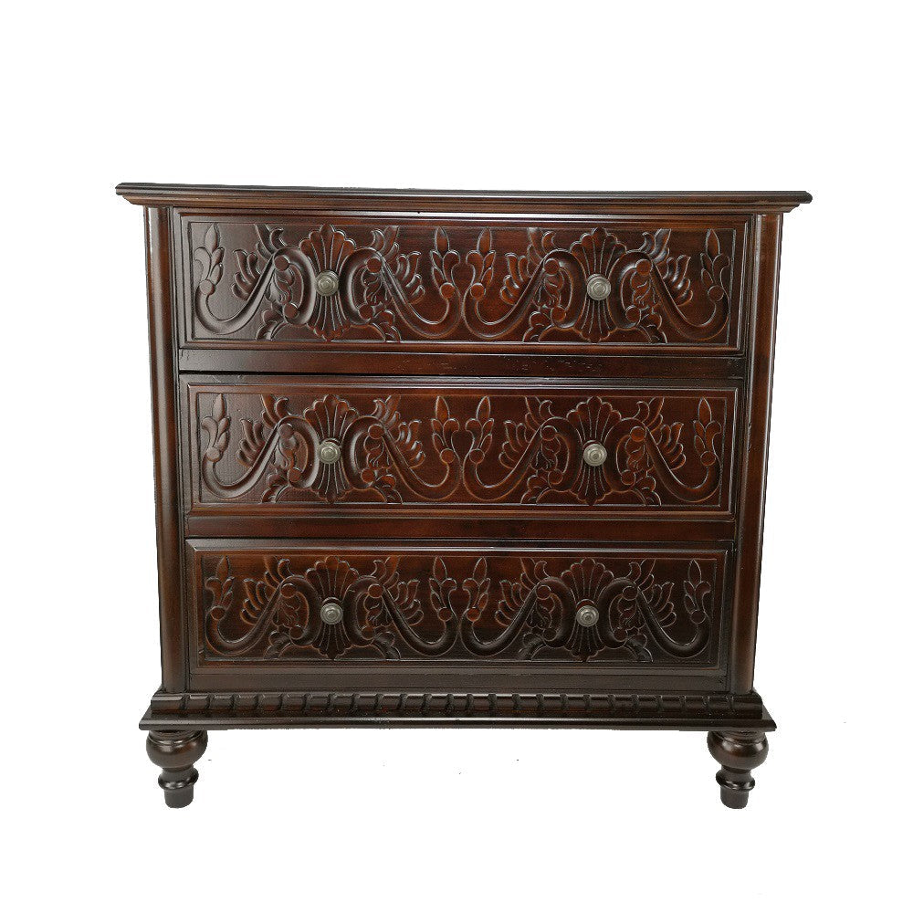 32 Inch Classic Wood Dresser Chest 3 Drawers Floral Carving Brass Brown By Casagear Home BM284628