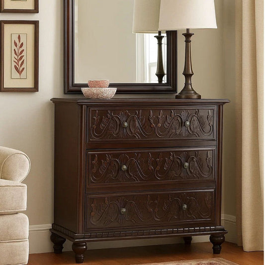 Dresser Chest | 32" | Classic Wood | 3 Drawer | Brass Floral | Brown