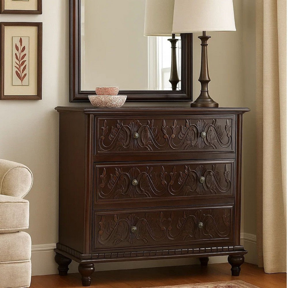 Dresser Chest | 32" | Classic Wood | 3 Drawer | Brass Floral | Brown