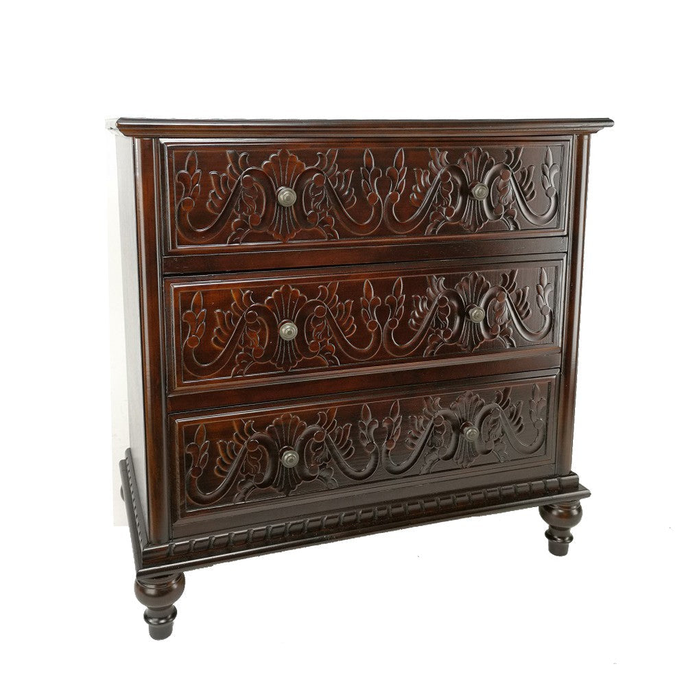 32 Inch Classic Wood Dresser Chest, 3 Drawers, Floral Carving, Brass, Brown By Casagear Home