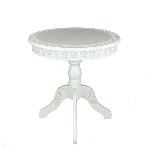 Theo Side Table | 26" | Classic Wood | Round Top | Floral Carved | White