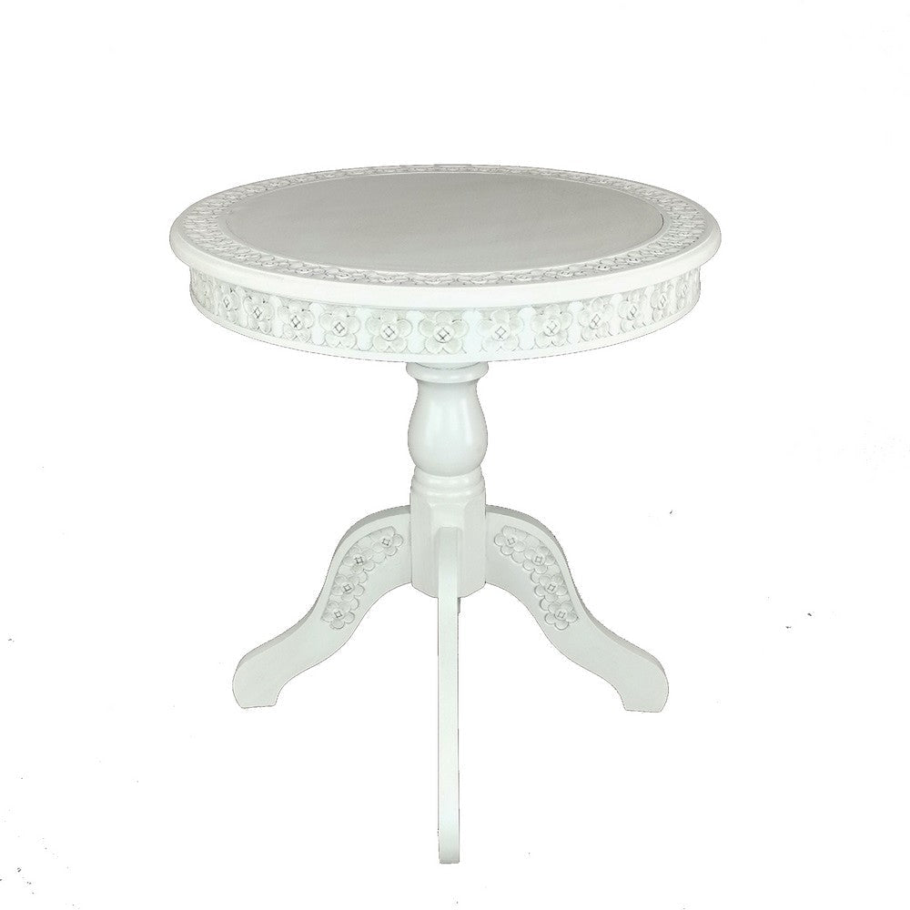 Theo Side Table | 26" | Classic Wood | Round Top | Floral Carved | White