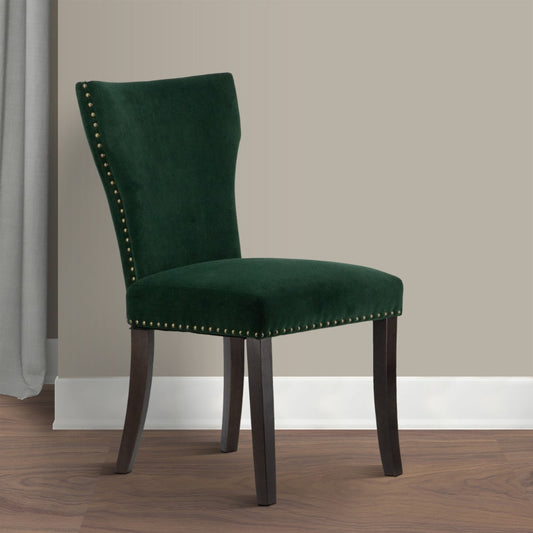 Devi 25 Inch Curved Dining Chair, Green Velvet Upholstery, Nailhead Trim By Casagear Home