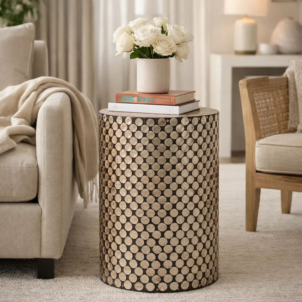 Stool Table | 20" | Capiz Inlay | Round Wood Top | Black White