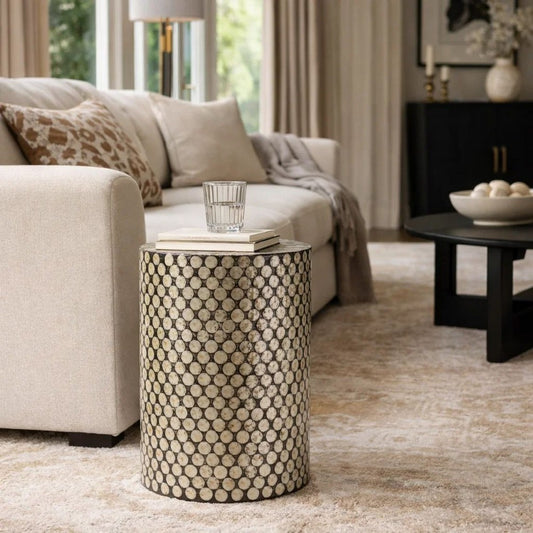 Stool Table | 20" | Capiz Inlay | Round Wood Top | Black White