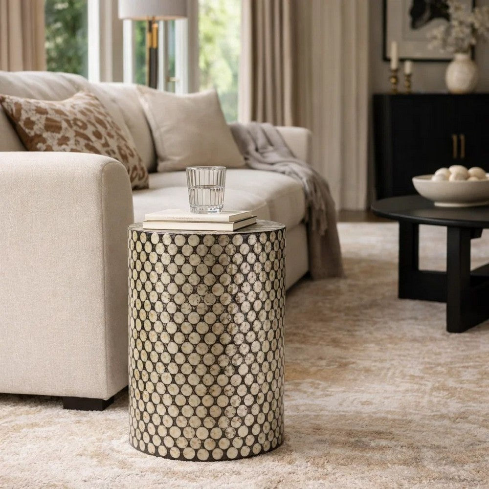 Stool Table | 20" | Capiz Inlay | Round Wood Top | Black White