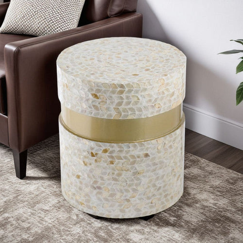 Stool Table | 16" | Capiz Leaf Inlay | Wood | Gold Band | Ivory