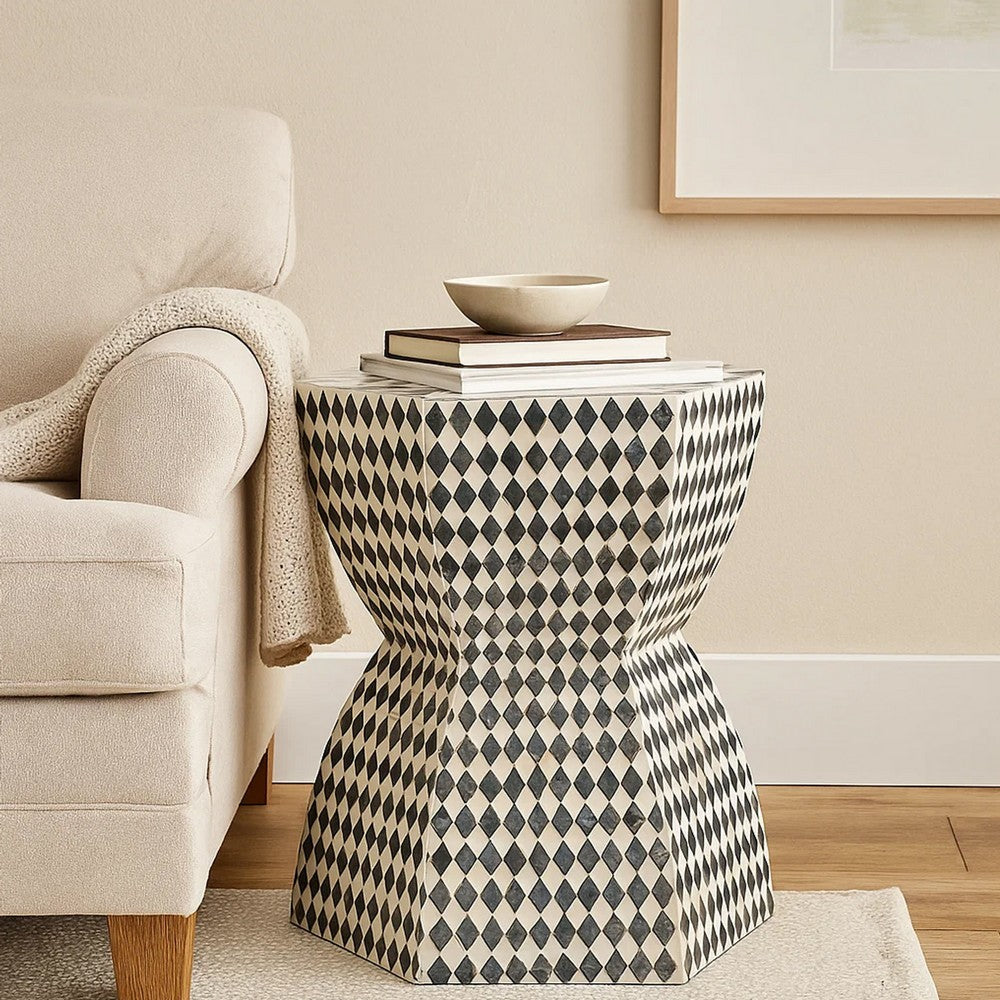 Table Stool | 17" | Hexagonal Capiz Inlay | White Black