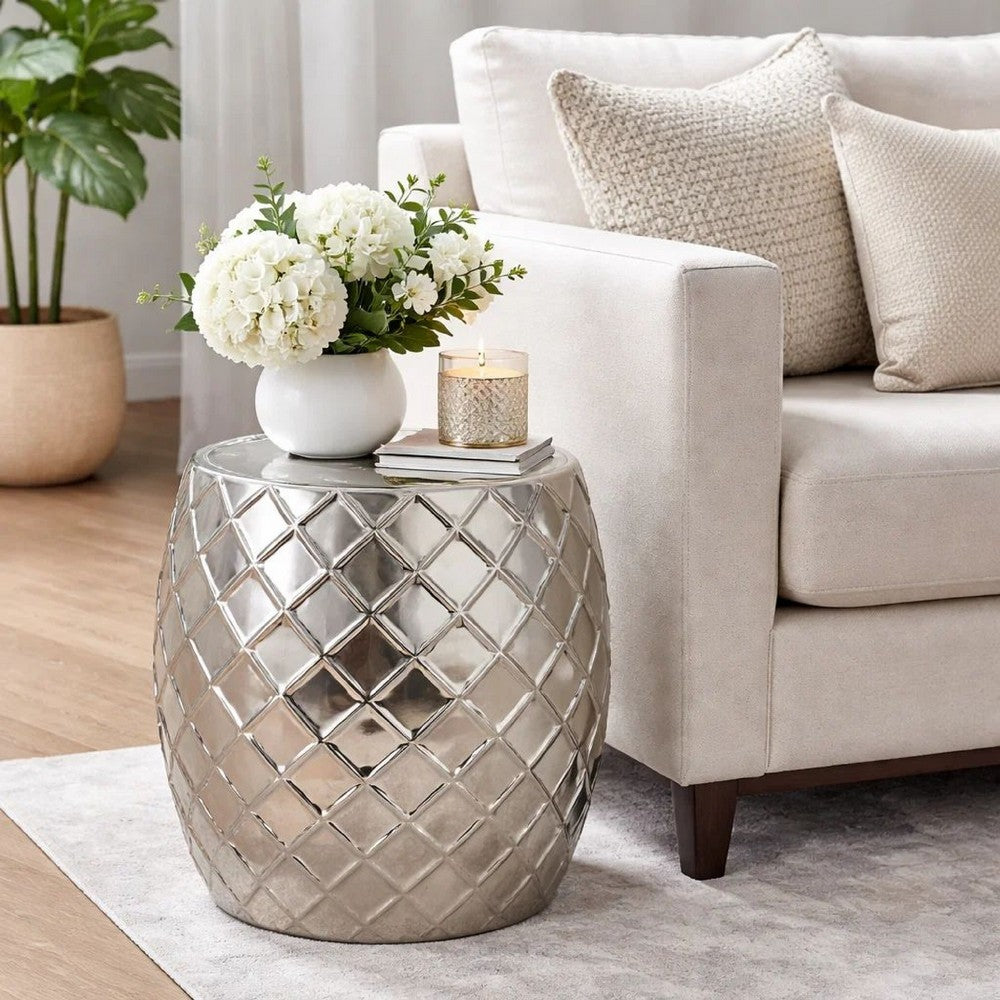 Stool Table | 20" | Aluminum | Drum Shape | Elegant Silver