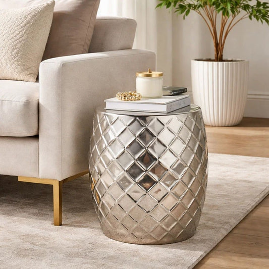 Stool Table | 20" | Aluminum | Drum Shape | Elegant Silver