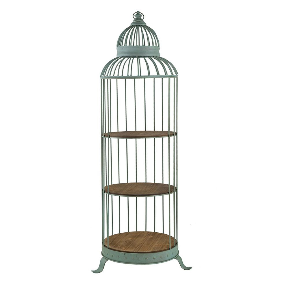 67 Inch 3 Tier Caged Iron Frame Display Shelf Finial Top Patina Blue By Casagear Home BM284734