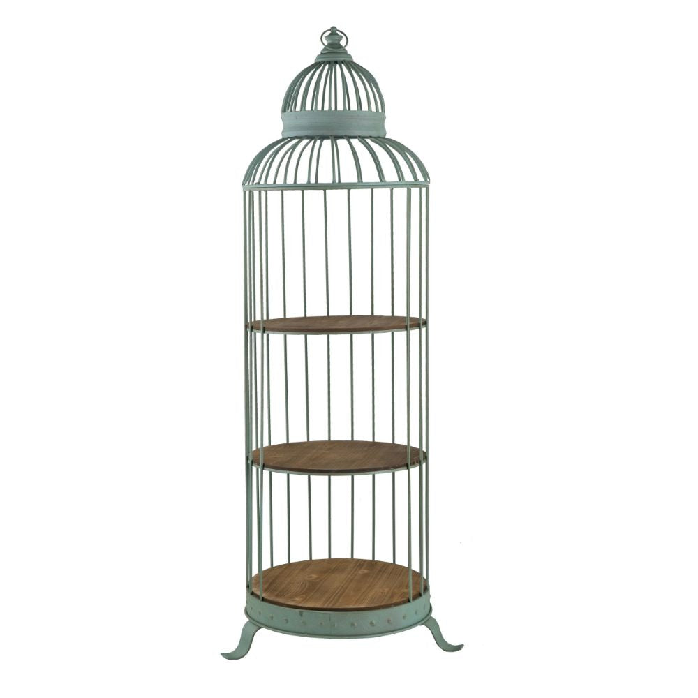 67 Inch 3 Tier Caged Iron Frame Display Shelf, Finial Top, Patina Blue By Casagear Home