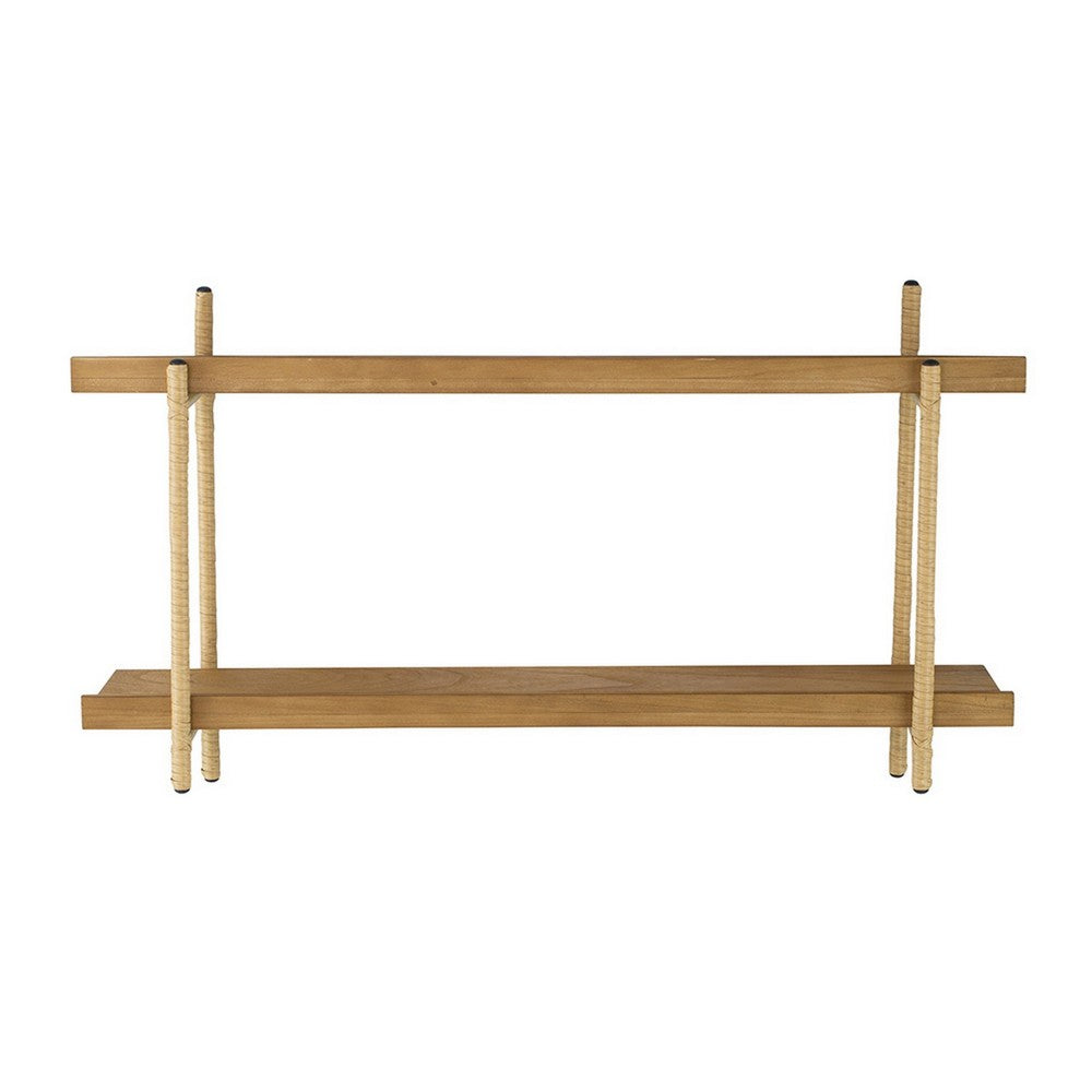 Wall Shelf | 36" | Wood | Rattan Trim | 2 Tier | Brown Gold