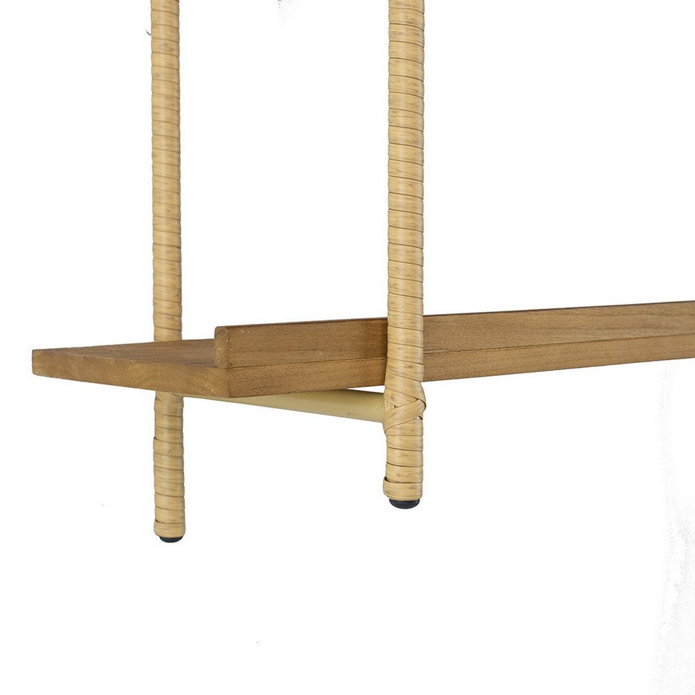 Wall Shelf | 36" | Wood | Rattan Trim | 2 Tier | Brown Gold