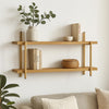 Wall Shelf | 36" | Wood | Rattan Trim | 2 Tier | Brown Gold