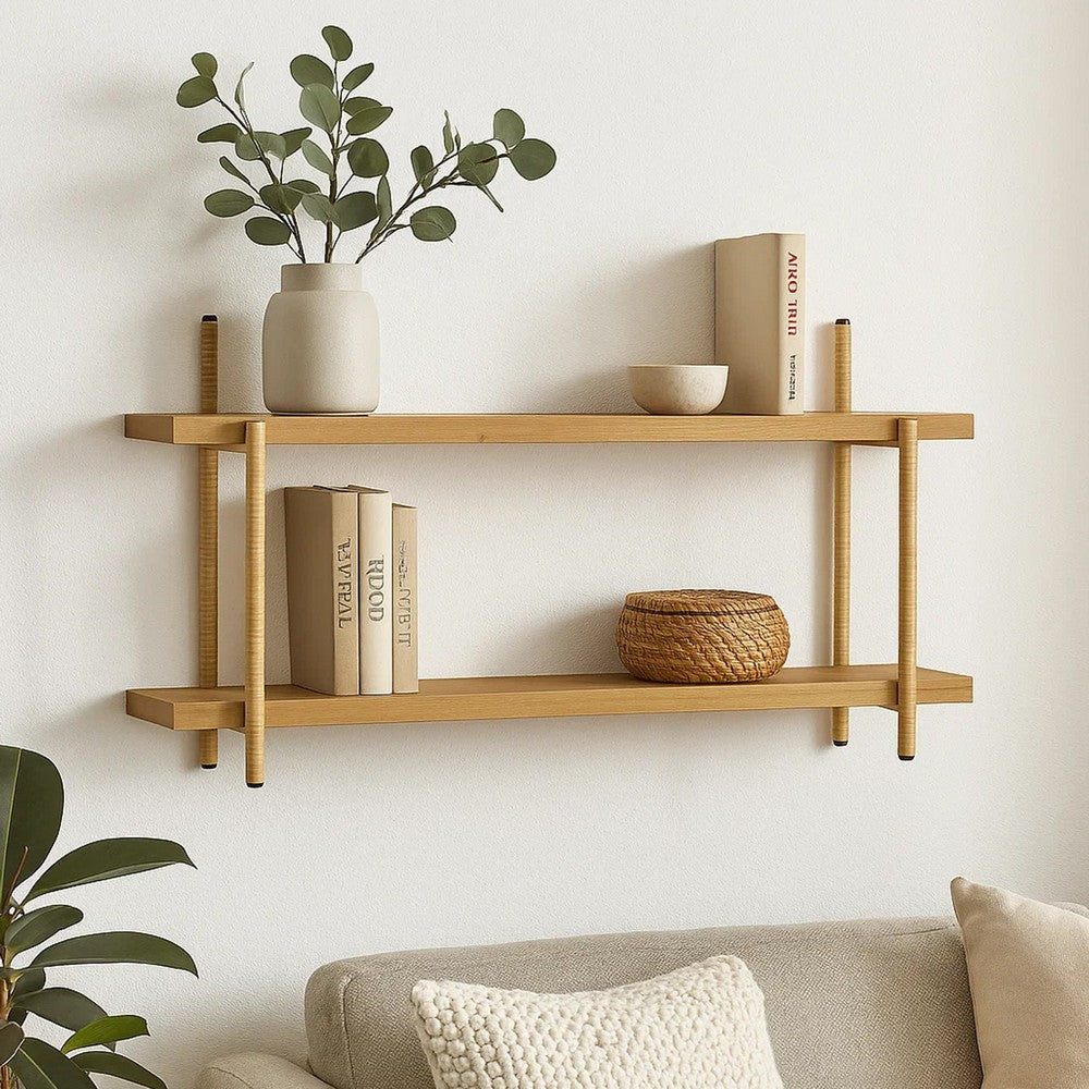 Wall Shelf | 36" | Wood | Rattan Trim | 2 Tier | Brown Gold