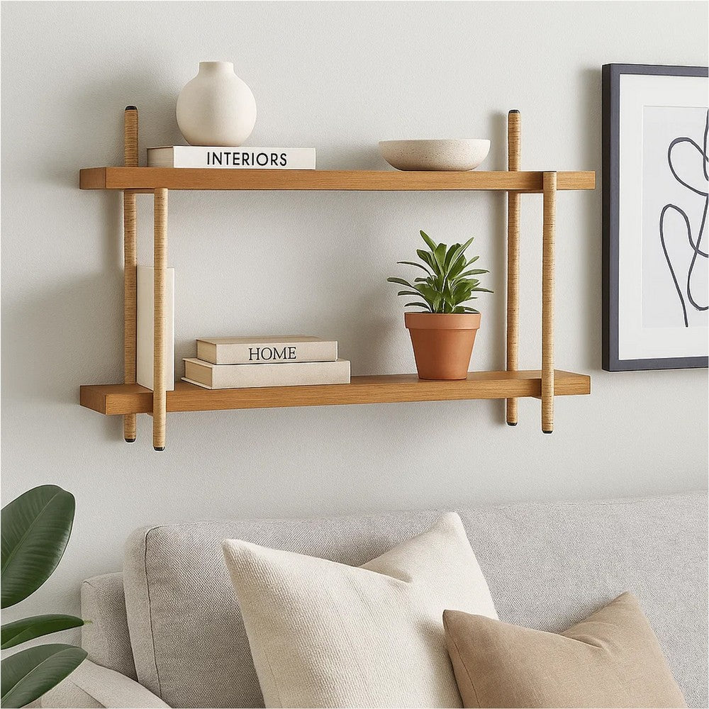 Wall Shelf | 36" | Wood | Rattan Trim | 2 Tier | Brown Gold