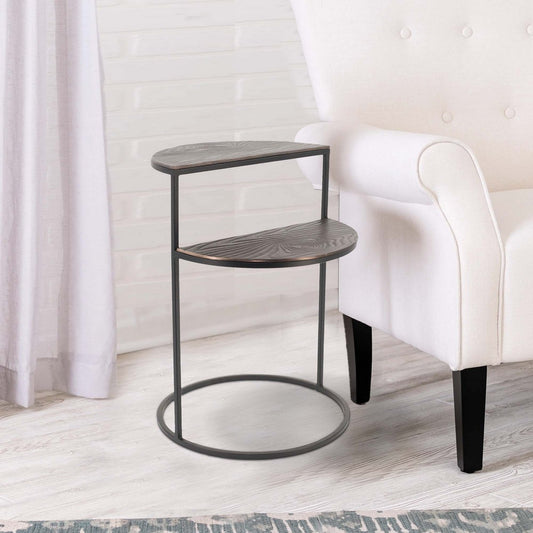 22 Inch Modern Metal Round Accent Table, 2 Half Circle Shelves, Wood, Brown By Casagear Home