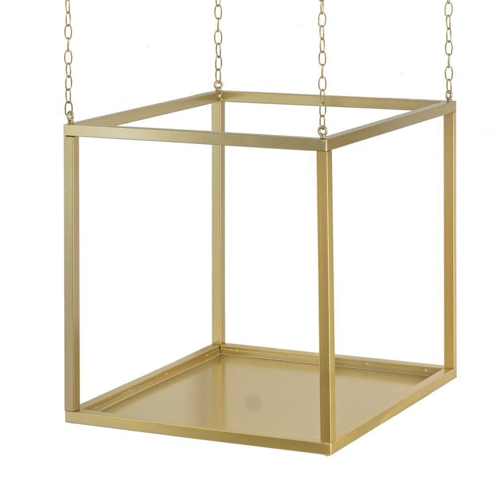 16 Inch Modern Iron Plant Stand, 4 Chains, Open Cube Design, Gold Finish By Casagear Home