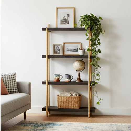 Wall Shelf | 44" | Wood | 4 Tier | Rattan Trim | Black Gold