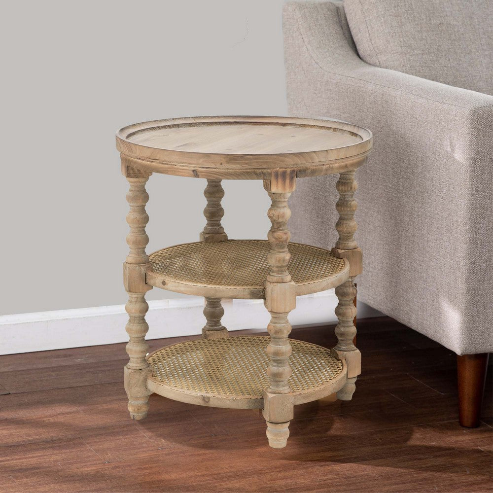 Jake Side Table | 25" | 3 Tier | Fir Wood | Wicker Shelves | Brown