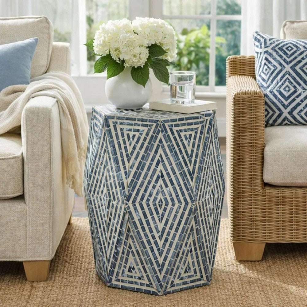 Accent Table Stool | 18" | Hexagonal | Diamond Design | Blue White