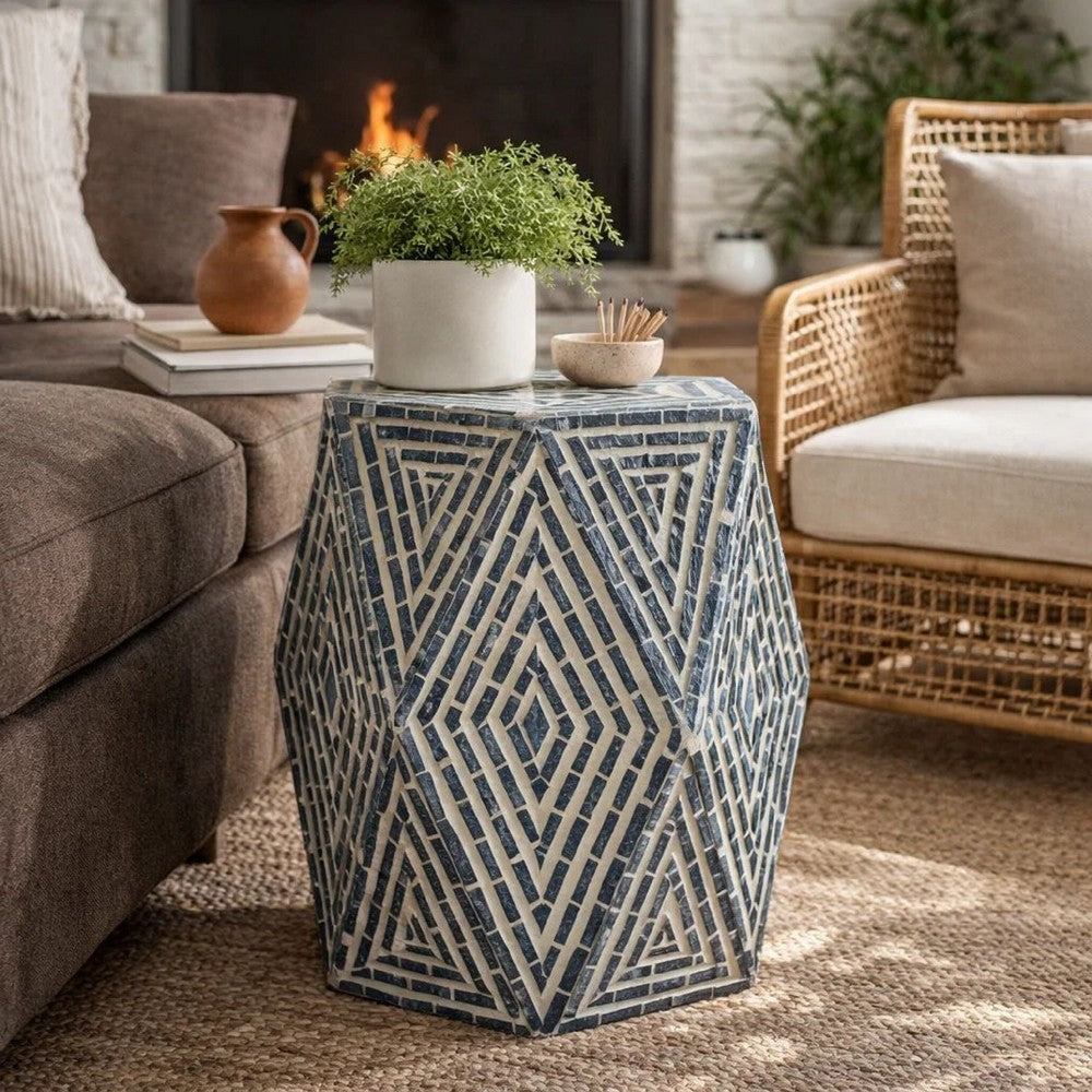 Accent Table Stool | 18" | Hexagonal | Diamond Design | Blue White