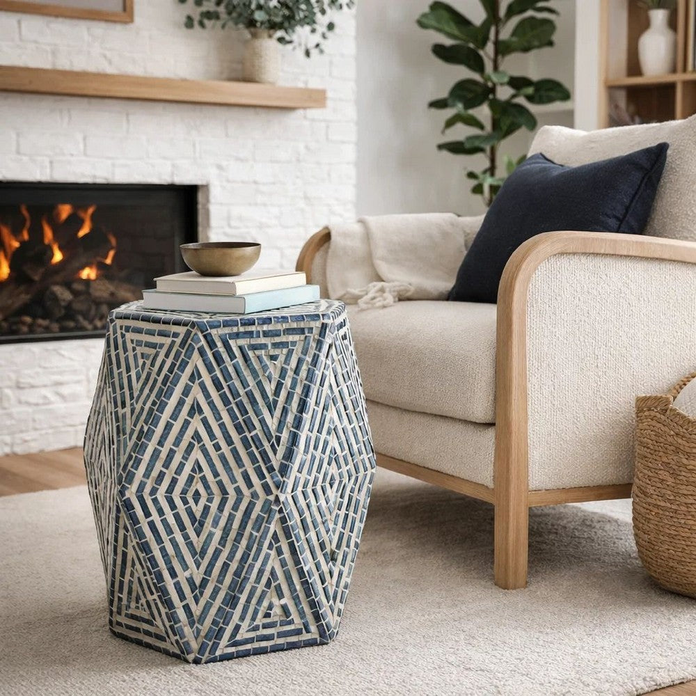 Accent Table Stool | 18" | Hexagonal | Diamond Design | Blue White