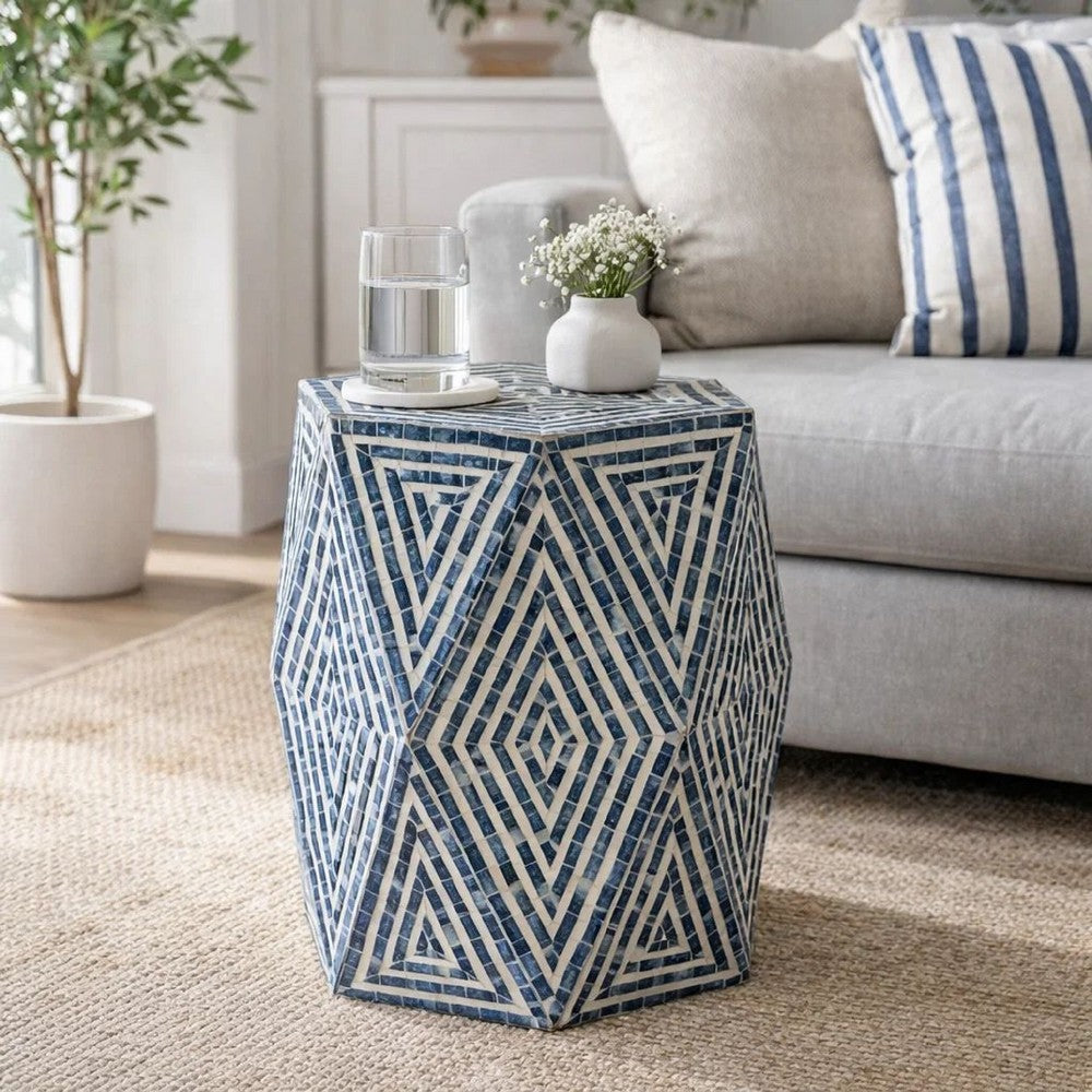 Accent Table Stool | 18" | Hexagonal | Diamond Design | Blue White