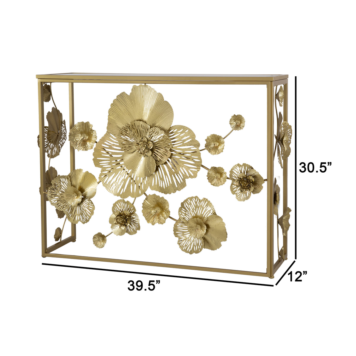 39 Inch Mirrored Top Console Table Elegant Floral Design Iron Matte Gold By Casagear Home BM284804