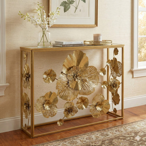 Console Table | 39" | Mirrored Top | Floral Design | Matte Gold