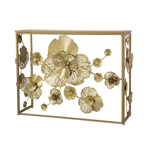 Console Table | 39" | Mirrored Top | Floral Design | Matte Gold
