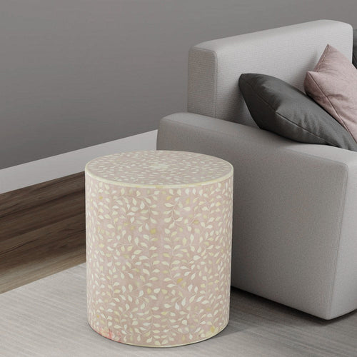 End Table | 20" | Round | Bone Inlay | Pale Pink White