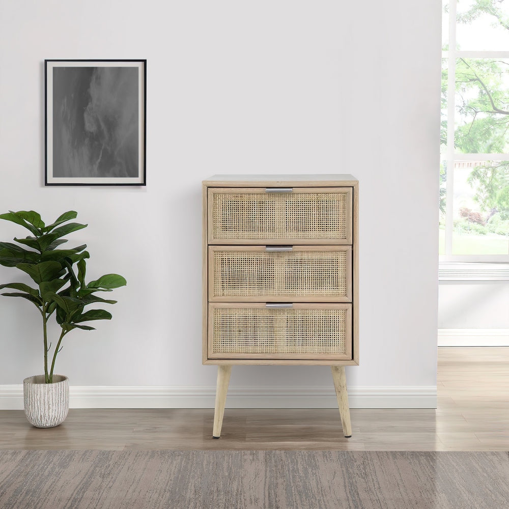 Cae Dresser Tall Dresser Chest | 28" | 3 Drawers | Rattan Panel | Brown
