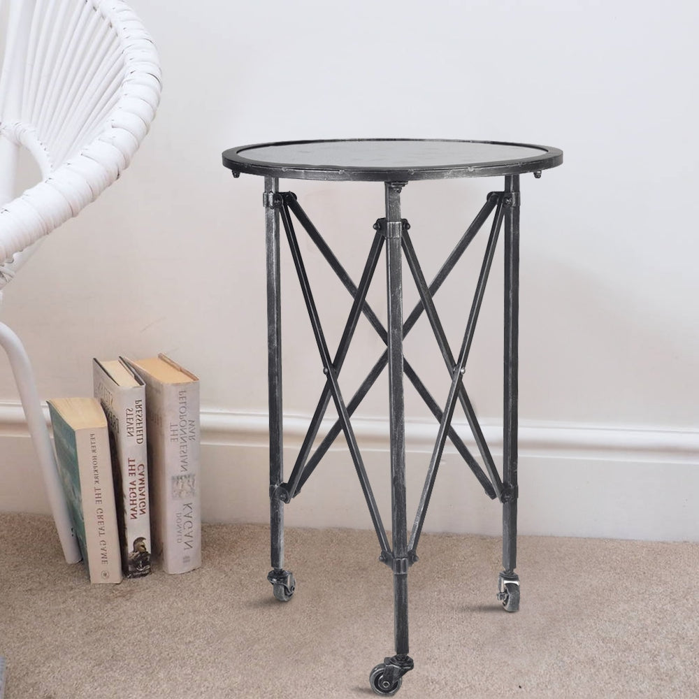 Side Table | 27" | Round Metal Body | Glass Top | Silver Wheels