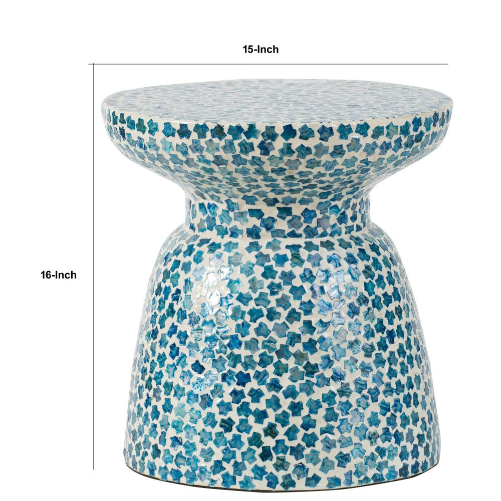 Ivy 16 Inch Round End Side Table Bamboo Platform Mosaic Blue White By Casagear Home BM284817