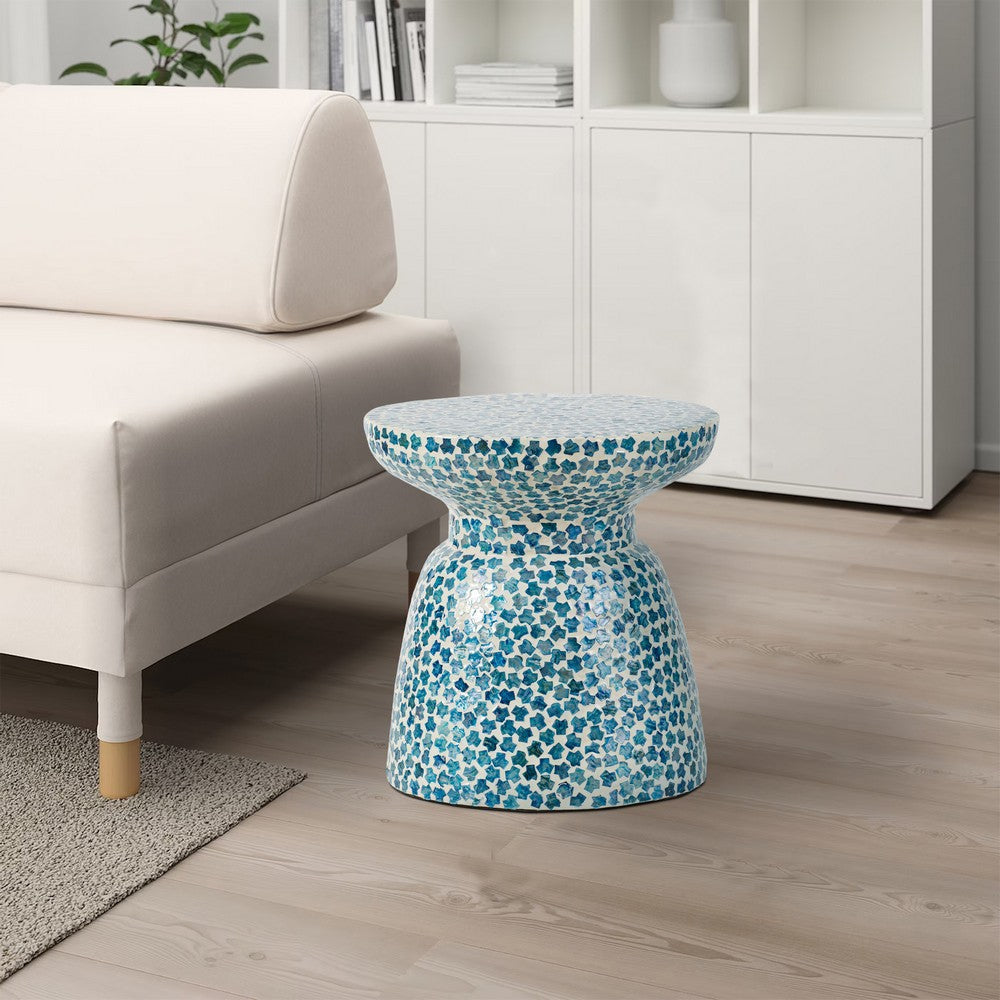 Ivy 16 Inch Round End Side Table Bamboo Platform Mosaic Blue White By Casagear Home BM284817