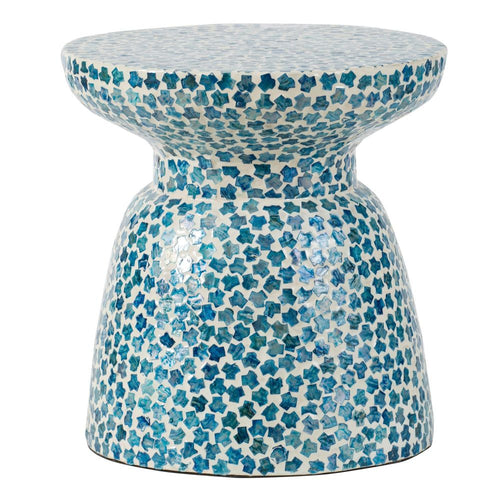 Ivy End Table | 16" | Round Bamboo | Mosaic Design | Blue White