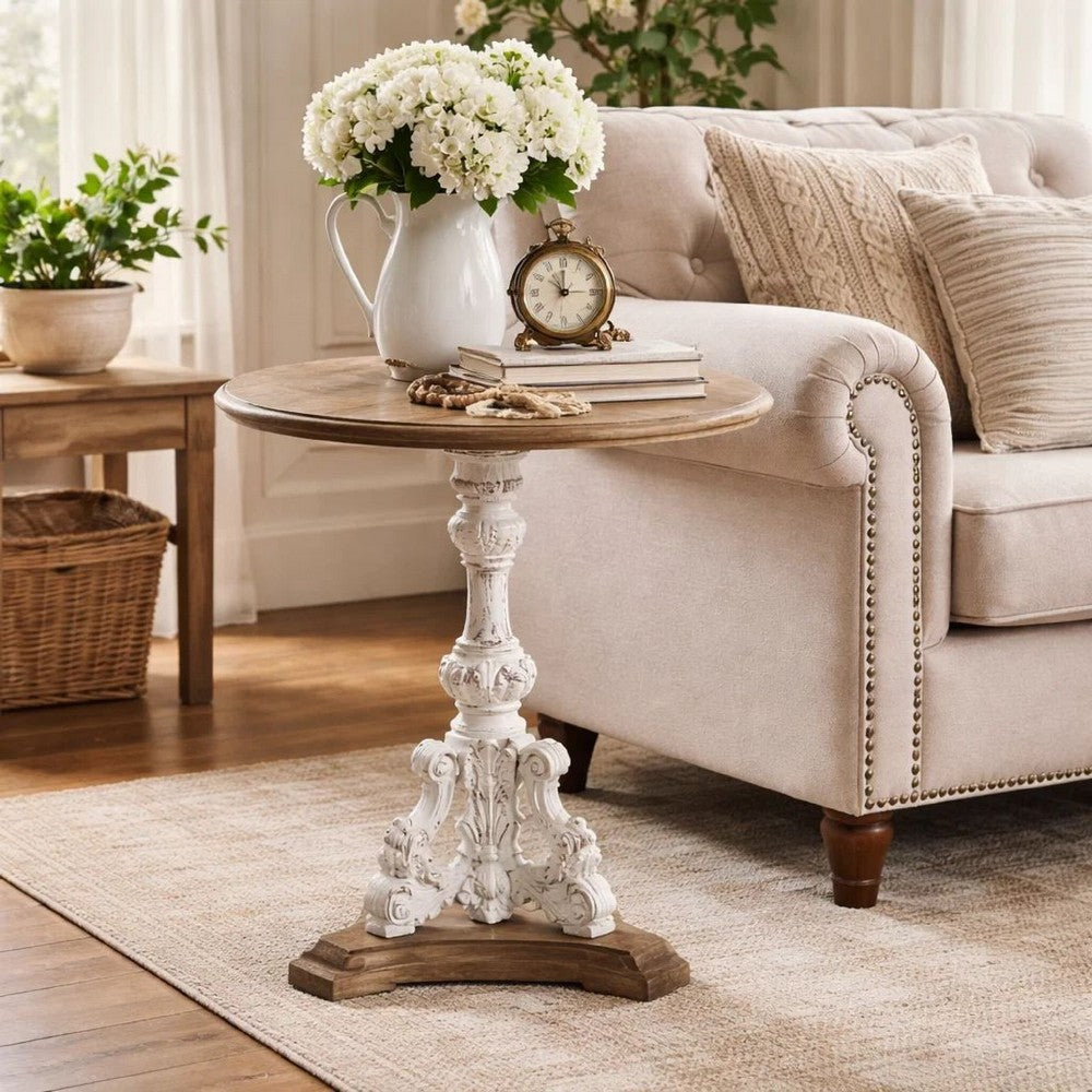 Prana Accent Table | 31" | Round | Carved Fir Wood | Antique White