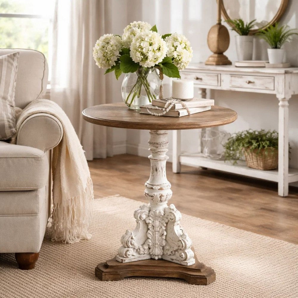 Prana Accent Table | 31" | Round | Carved Fir Wood | Antique White