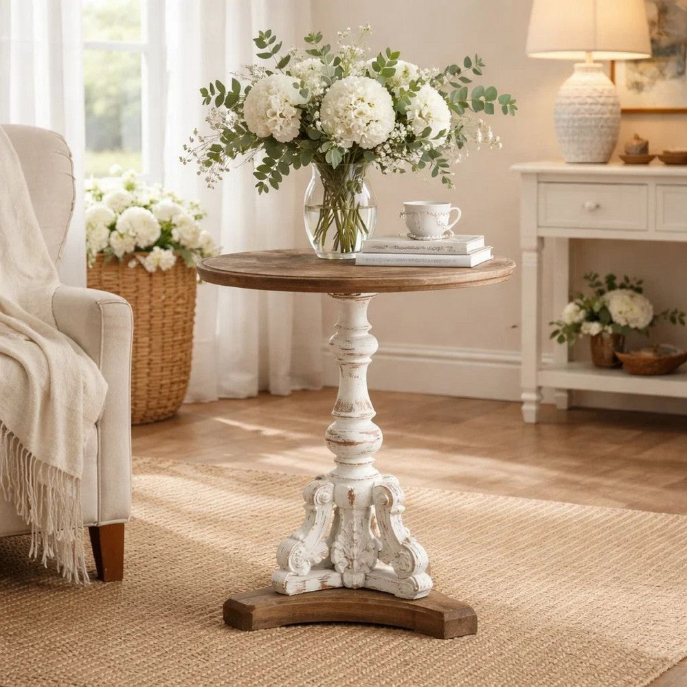 Prana Accent Table | 31" | Round | Carved Fir Wood | Antique White