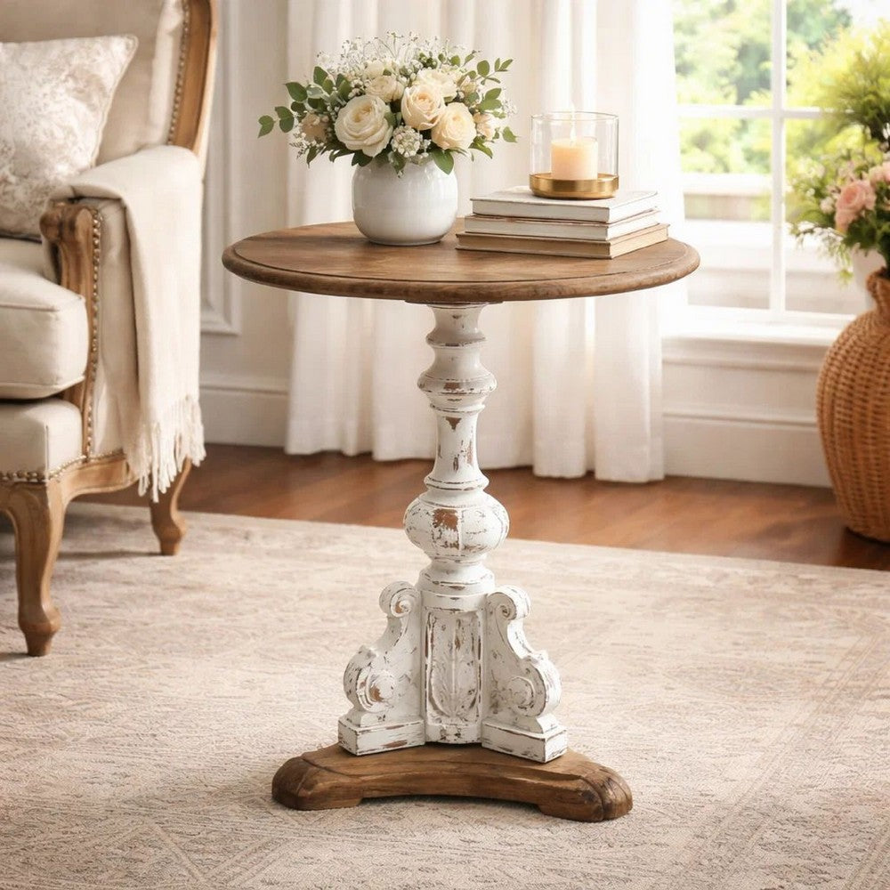 Prana Accent Table | 31" | Round | Carved Fir Wood | Antique White