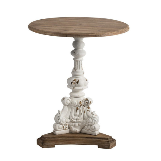 Prana Accent Table | 31" | Round | Carved Fir Wood | Antique White