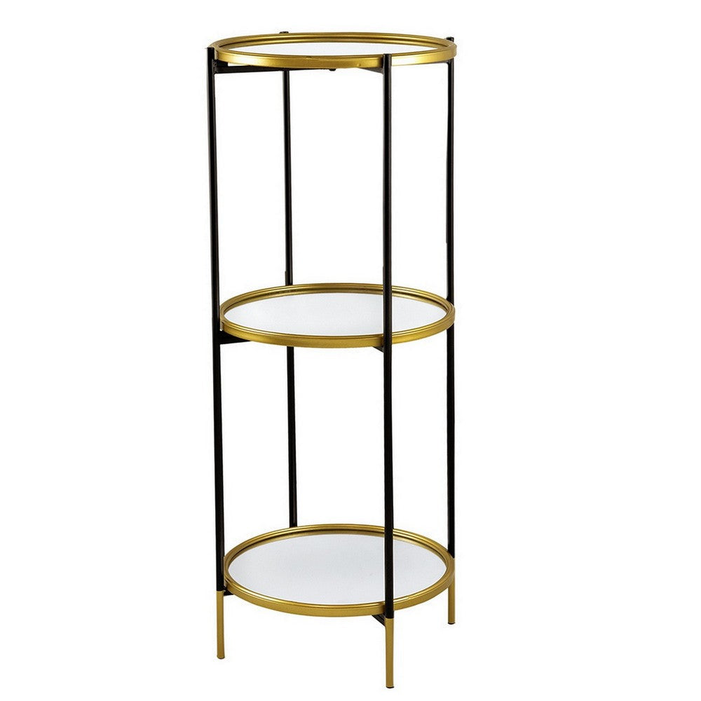 Ara 39 Inch Round 3 Tier Shelf Metal Mirrored Glass Shelves Black Gold By Casagear Home BM284919