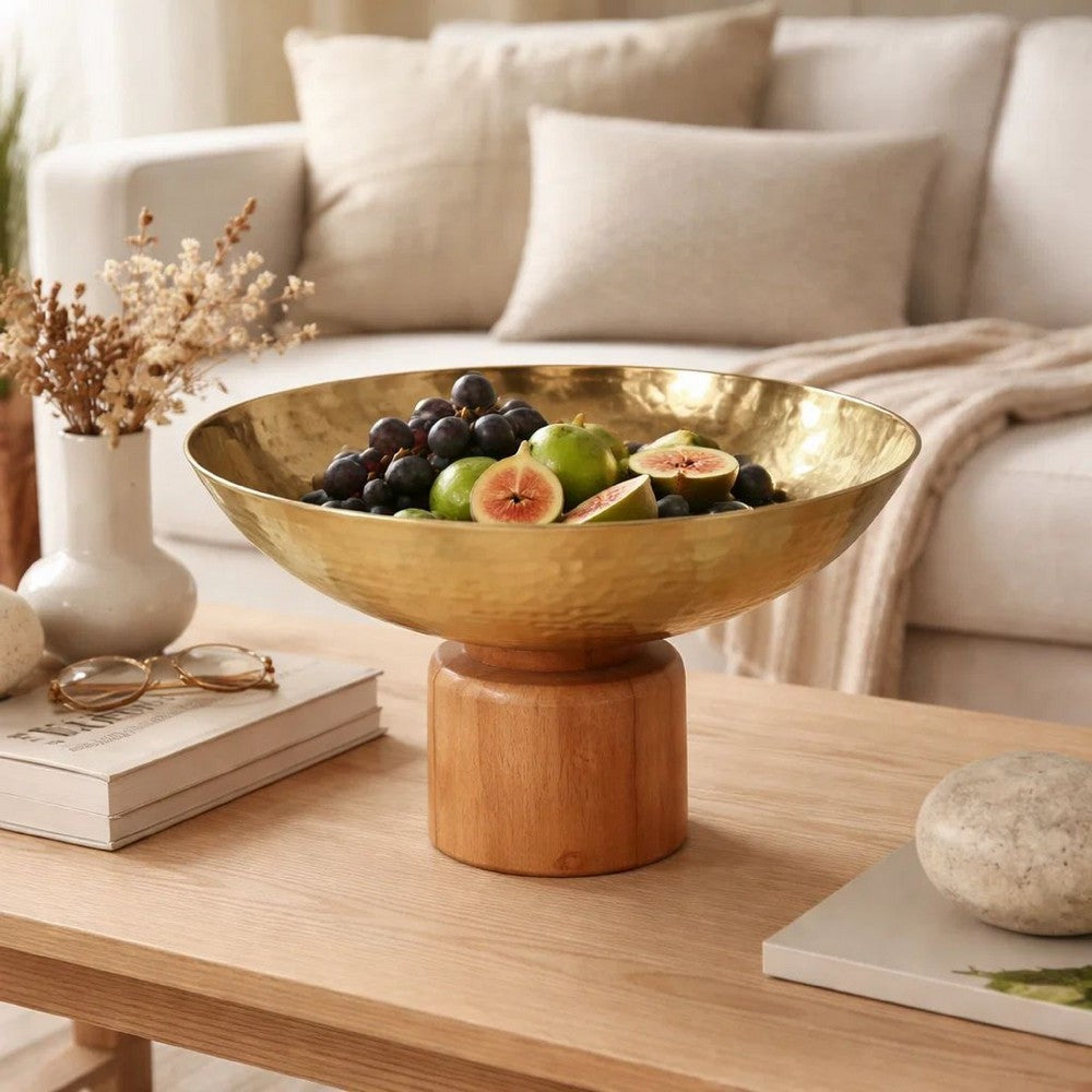 Roe Table Bowl | 12" | Large Acacia Wood | Steel Base | Gold Brown